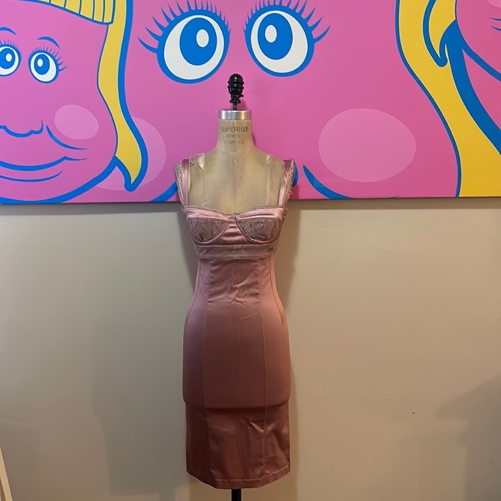 John Galliano Pink Stretch Satin Lace Bustier Dress